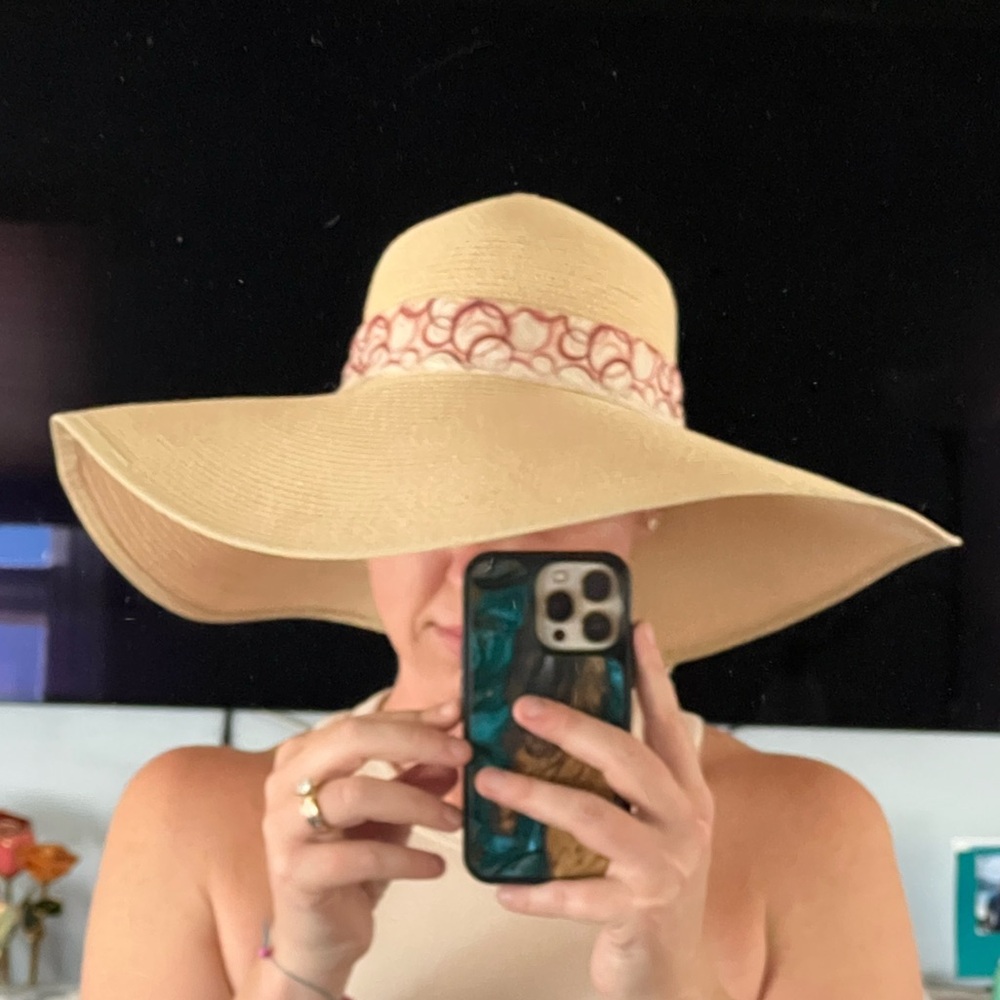 Women’s Cream Colored Wide Brimmed Straw Hat with Scarf